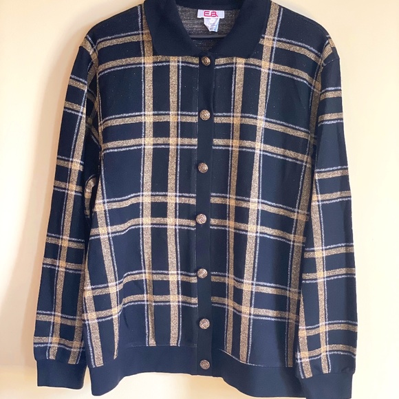 E.B. Vintage Knit Cardigan Sweater Plaid Shimmer Threads Academia Clueless - Picture 1 of 11